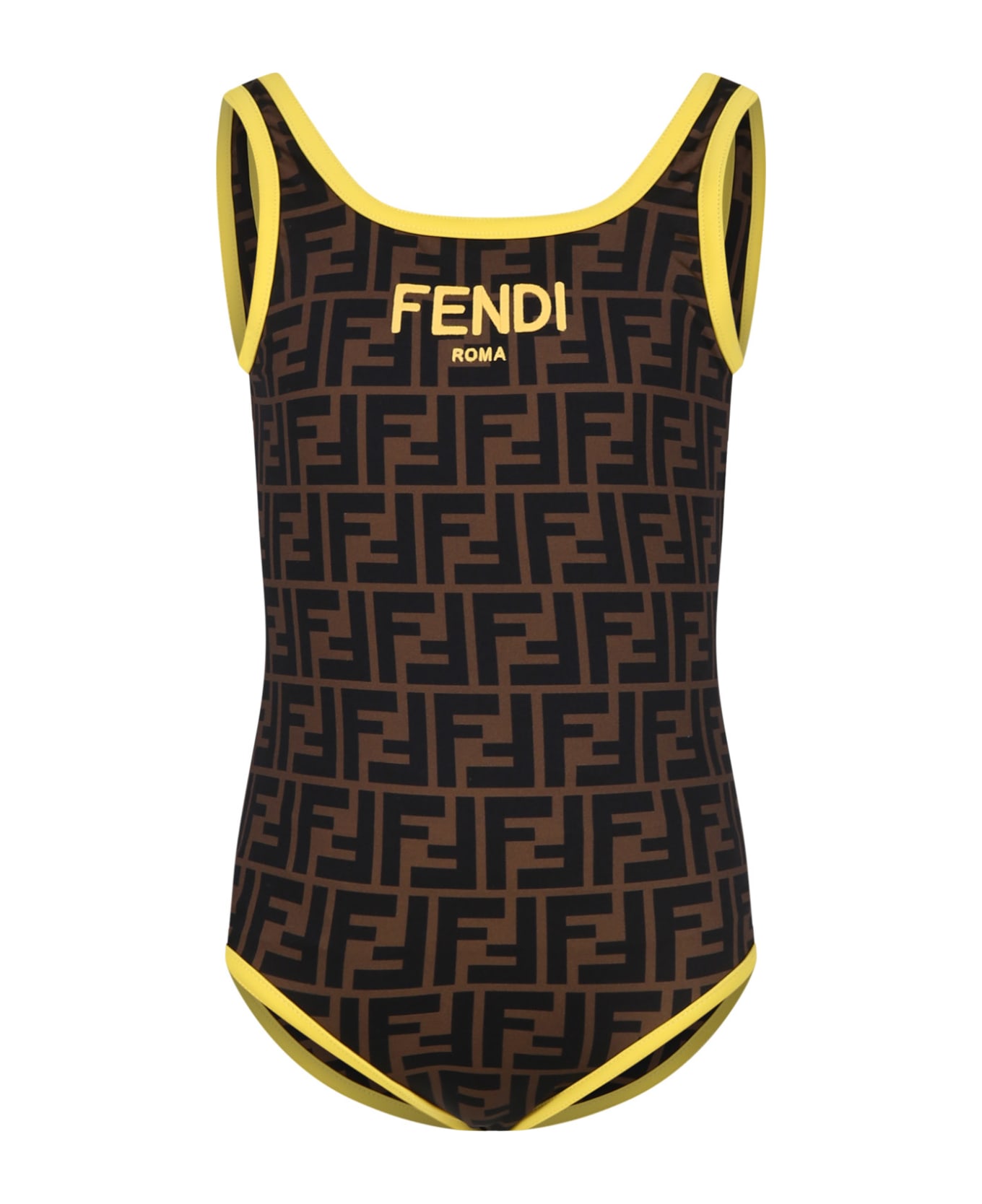 Fendi Brown Swimsuit For Girl With Iconic Ff And tricolor Fendi Logo - Brown