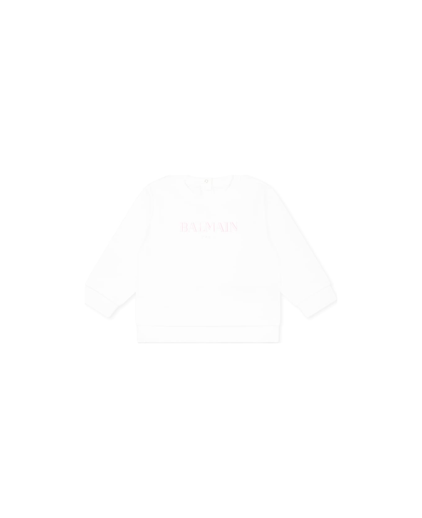 Balmain White Sweatshirt For Baby Girl With Logo - White