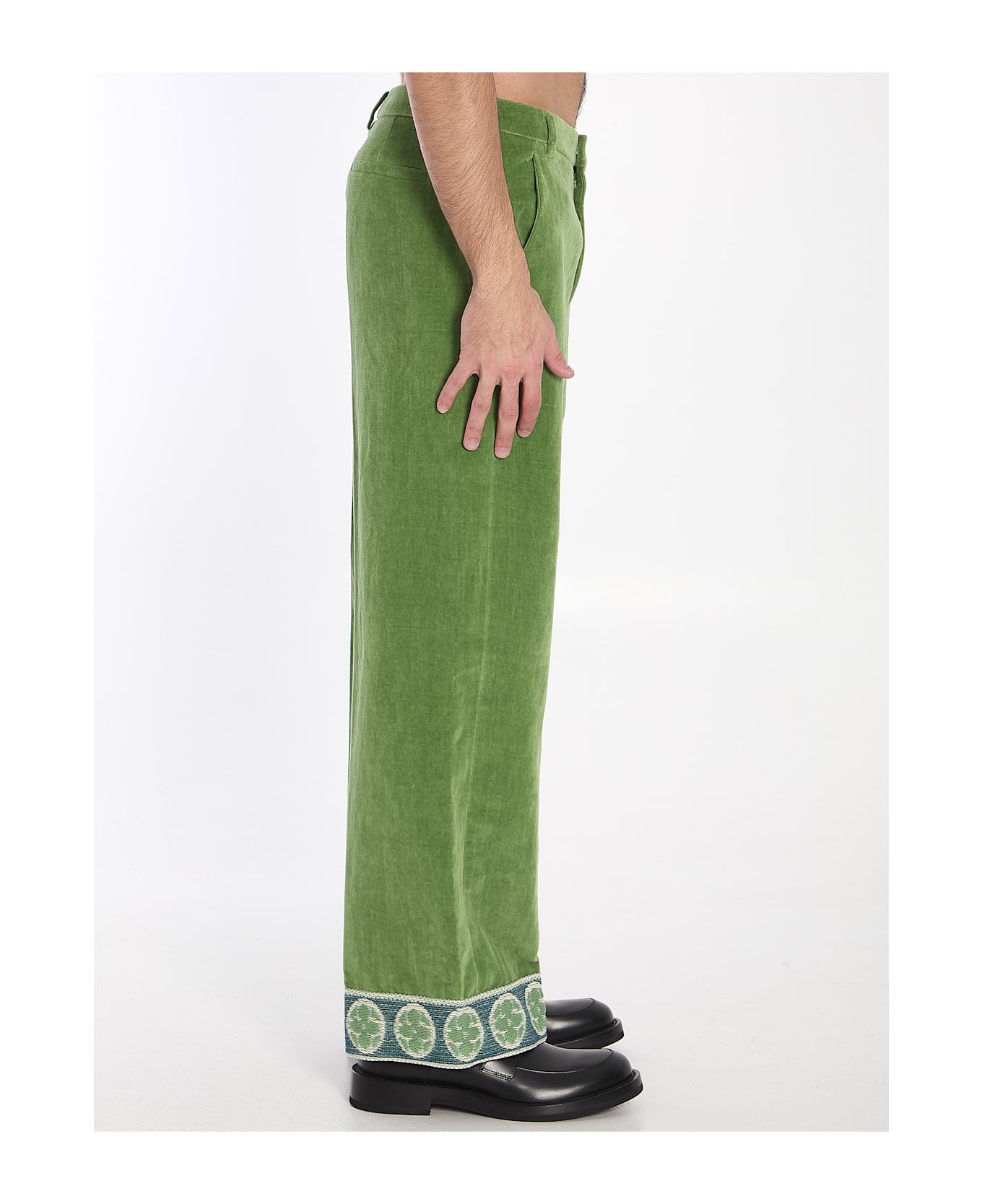 Valentino Garavani Velvet Trousers With Jacquard Hems - Green