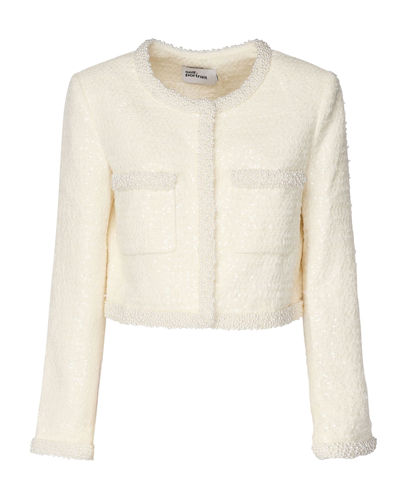 self-portrait Self Portrait Tweed Jacket With Shimmering Appliqués - White