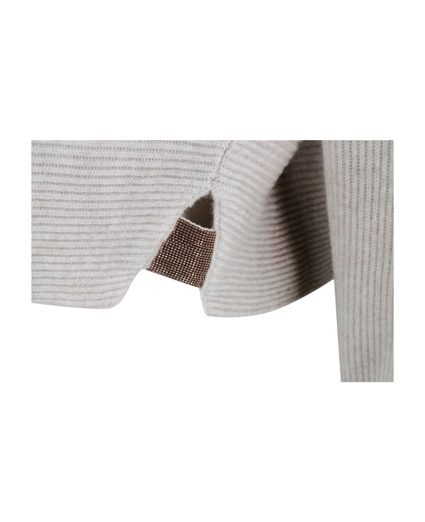 Brunello Cucinelli High Neck Sweater In Wool, Silk And Cashmere With English Rib Knit With Precious Shiny Monili On The Side Slits - Beige