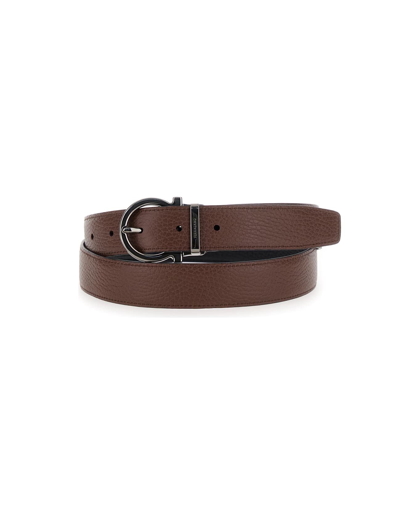 Ferragamo Black Belt With Gancini Buckle In Hammered Leather Man - Black