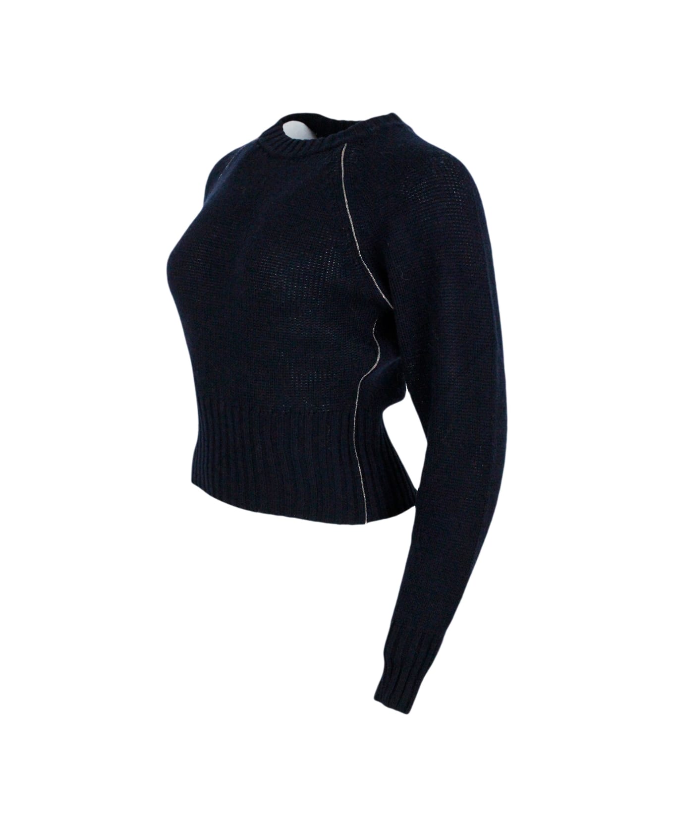 Fabiana Filippi Slim-fit Long-sleeved Cashmere Crew-neck Sweater With Raglan Sleeves Embellished With Rows Of Monili On The Armhole - Blu ニットウェア
