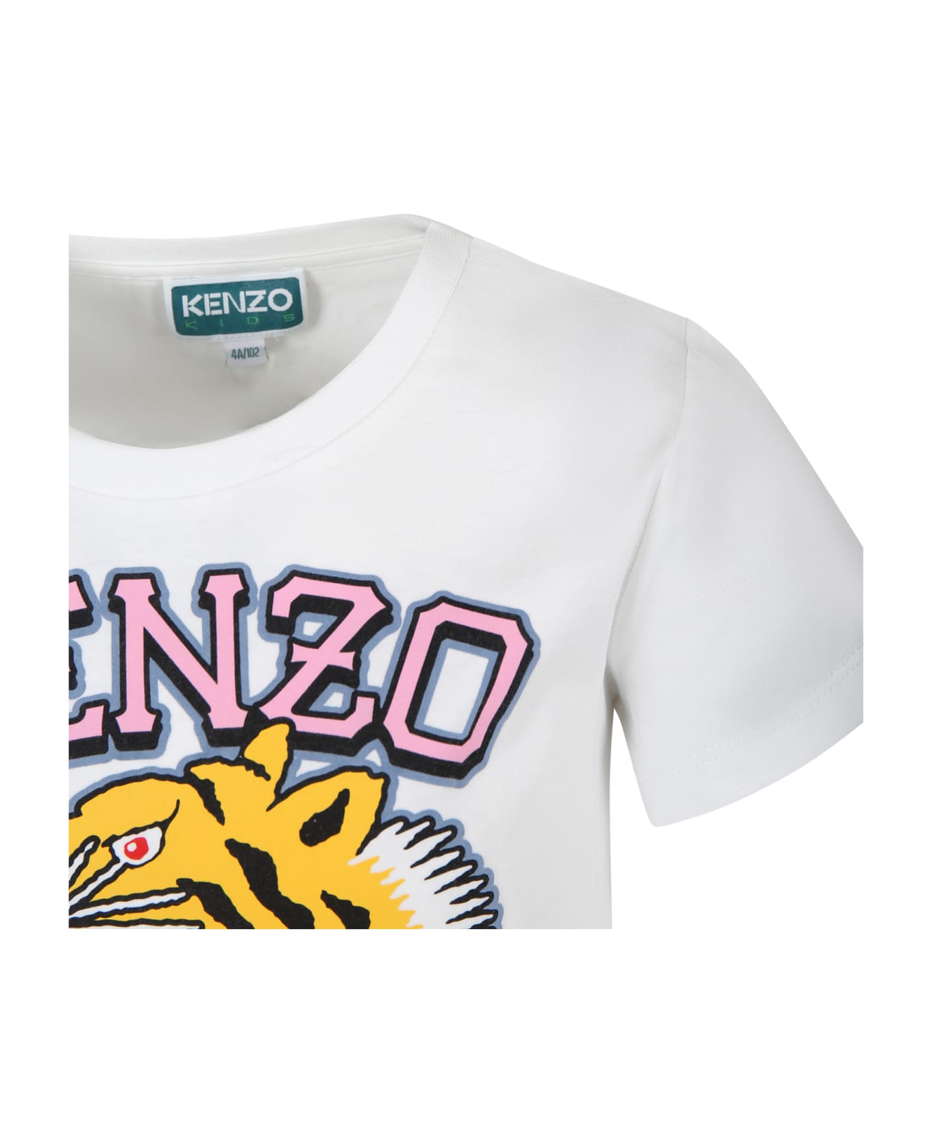 Kenzo Kids Ivory T-shirt For Girl With Iconic Tiger And Logo - White
