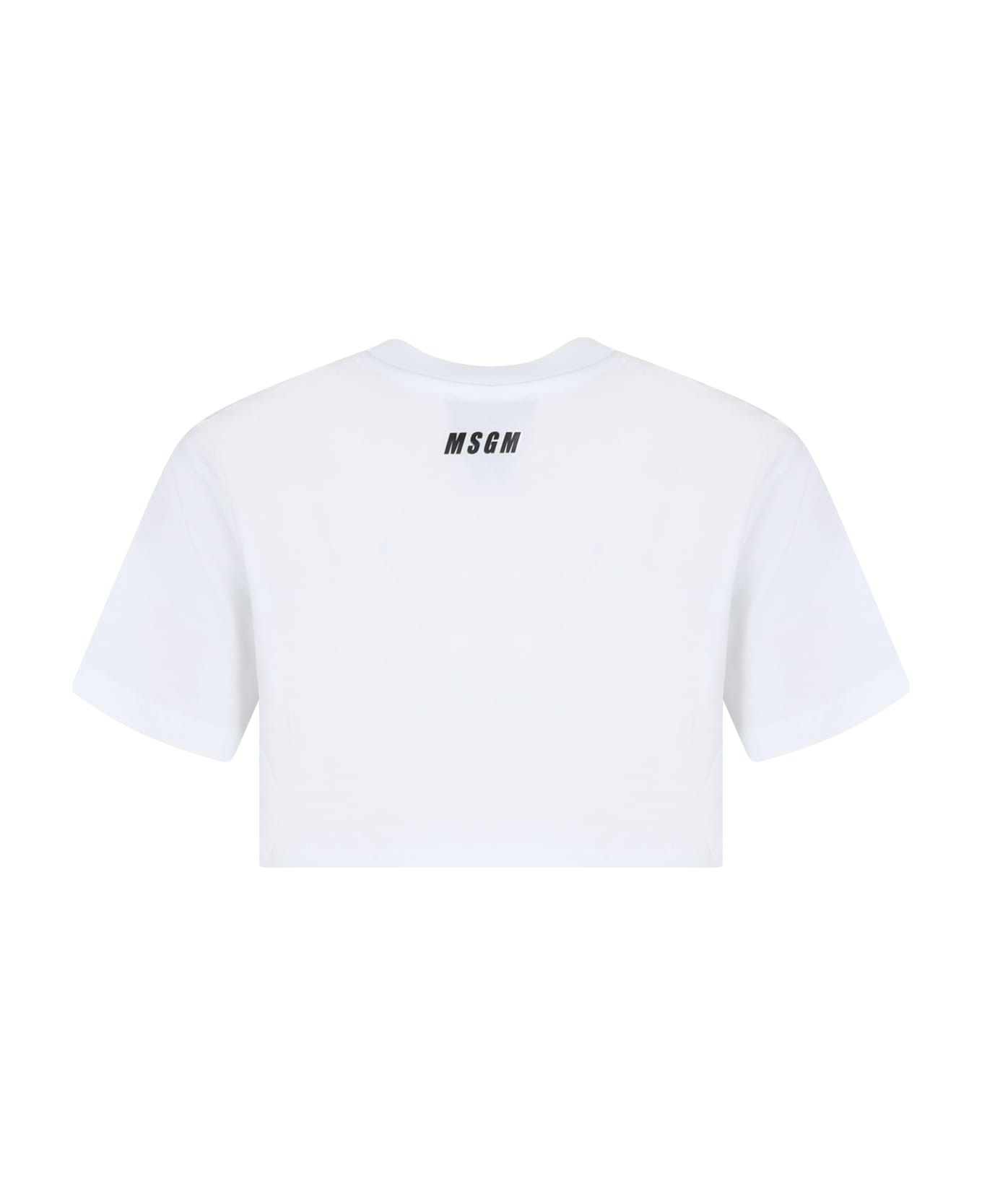 MSGM White Crop T-shirt For Girl With Cat Print And Logo - White