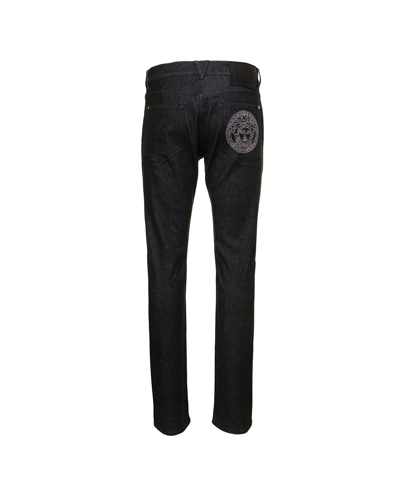 Versace Black Straight Jeans With Studded Medusa In Stretch Cotton Denim Man - Black