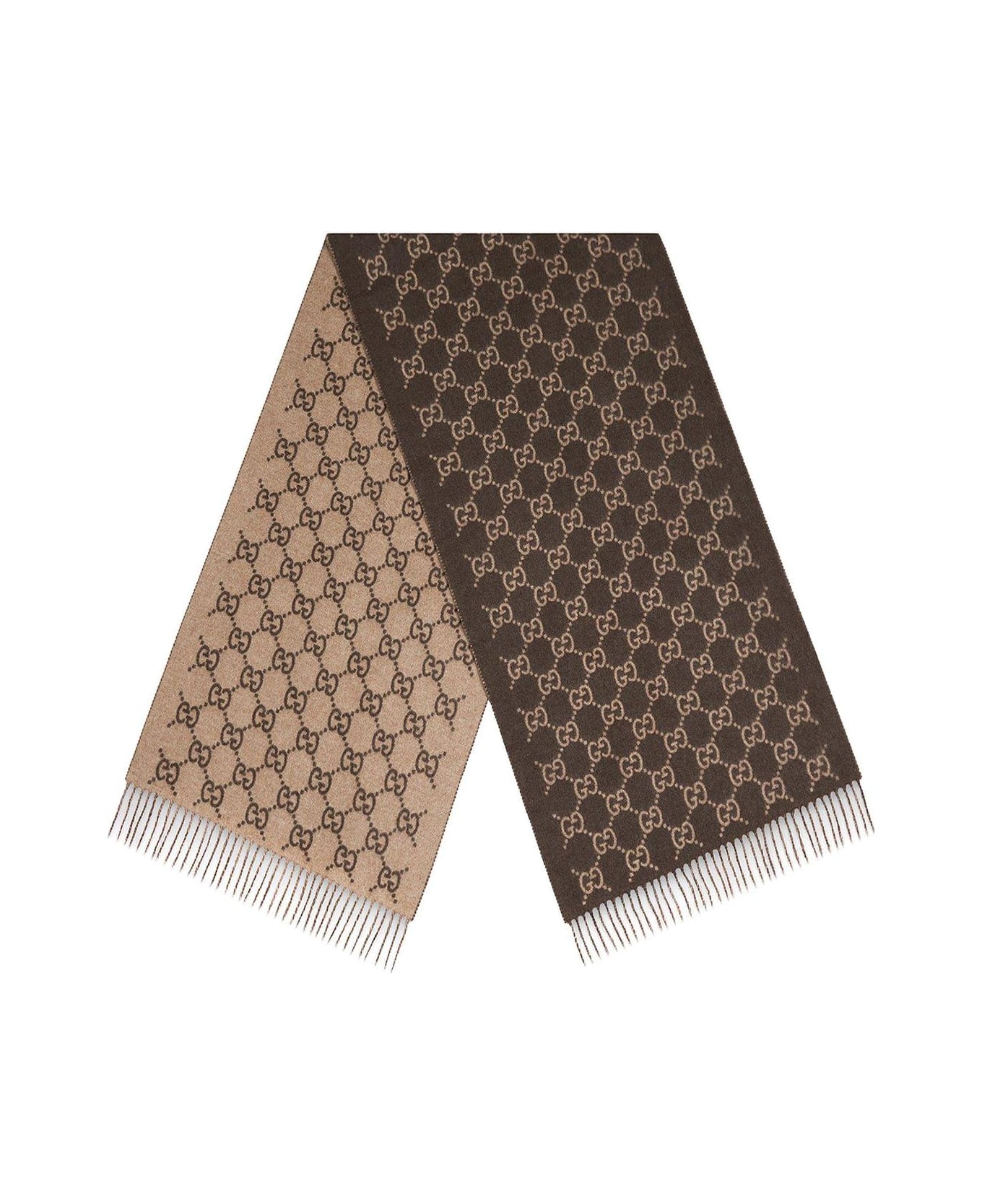 Gucci Monogrammed Fringed Scarf - Brown Beige