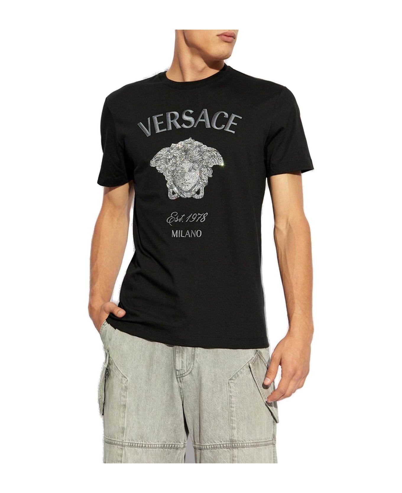 Versace Medusa Milano Embellished Crewneck T-shirt - BLACK (Black)