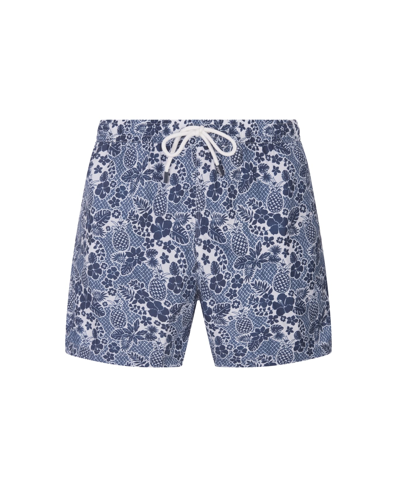 Fedeli Dark Blue Swim Shorts With Tropical Pattern - Blue