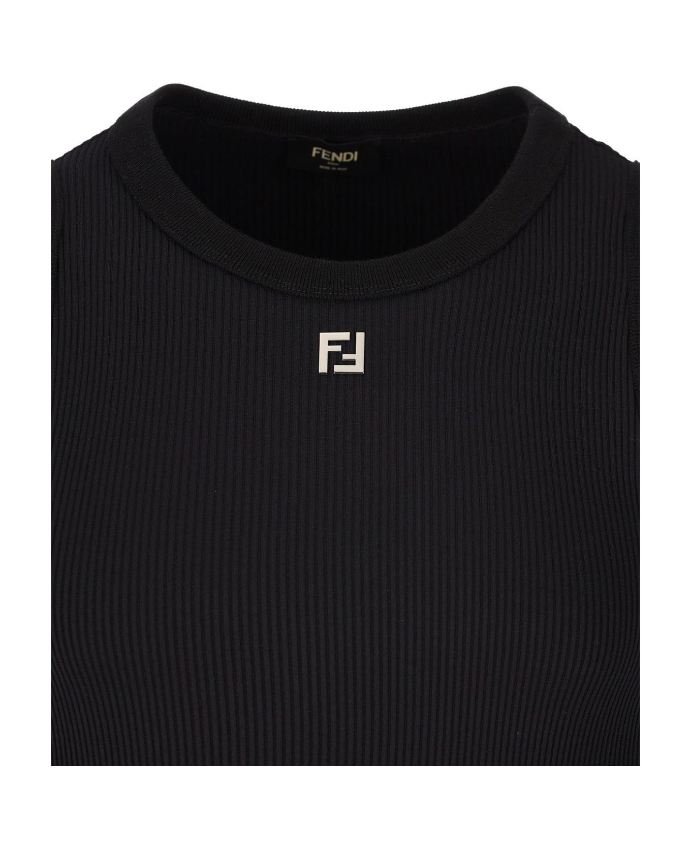 Fendi Logo Plaque Ribbed-knit Top - Black ベスト