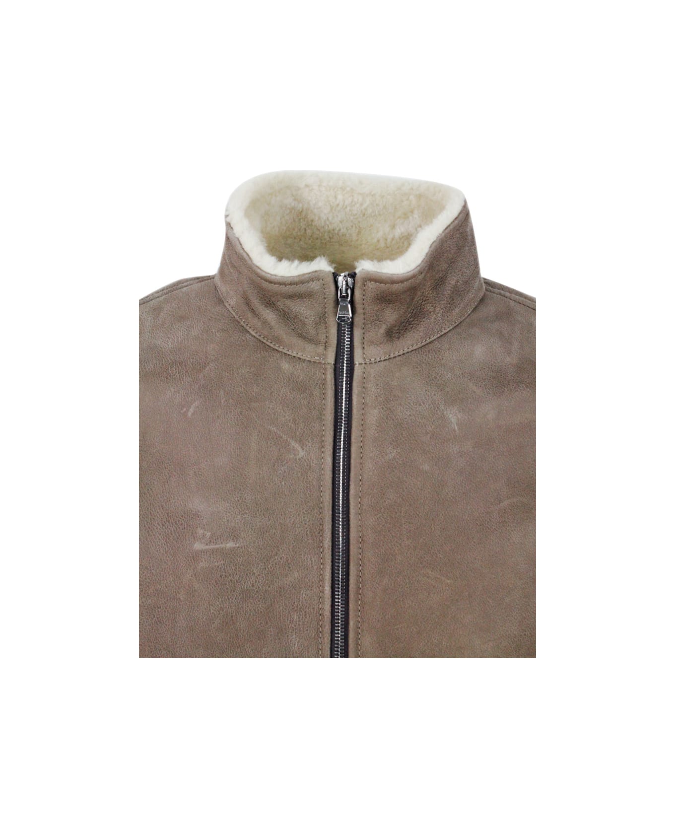 Barba Napoli Bomber Shearling Shearling Jacket With Stretch Knit Trims And Zip Closure - Taupe