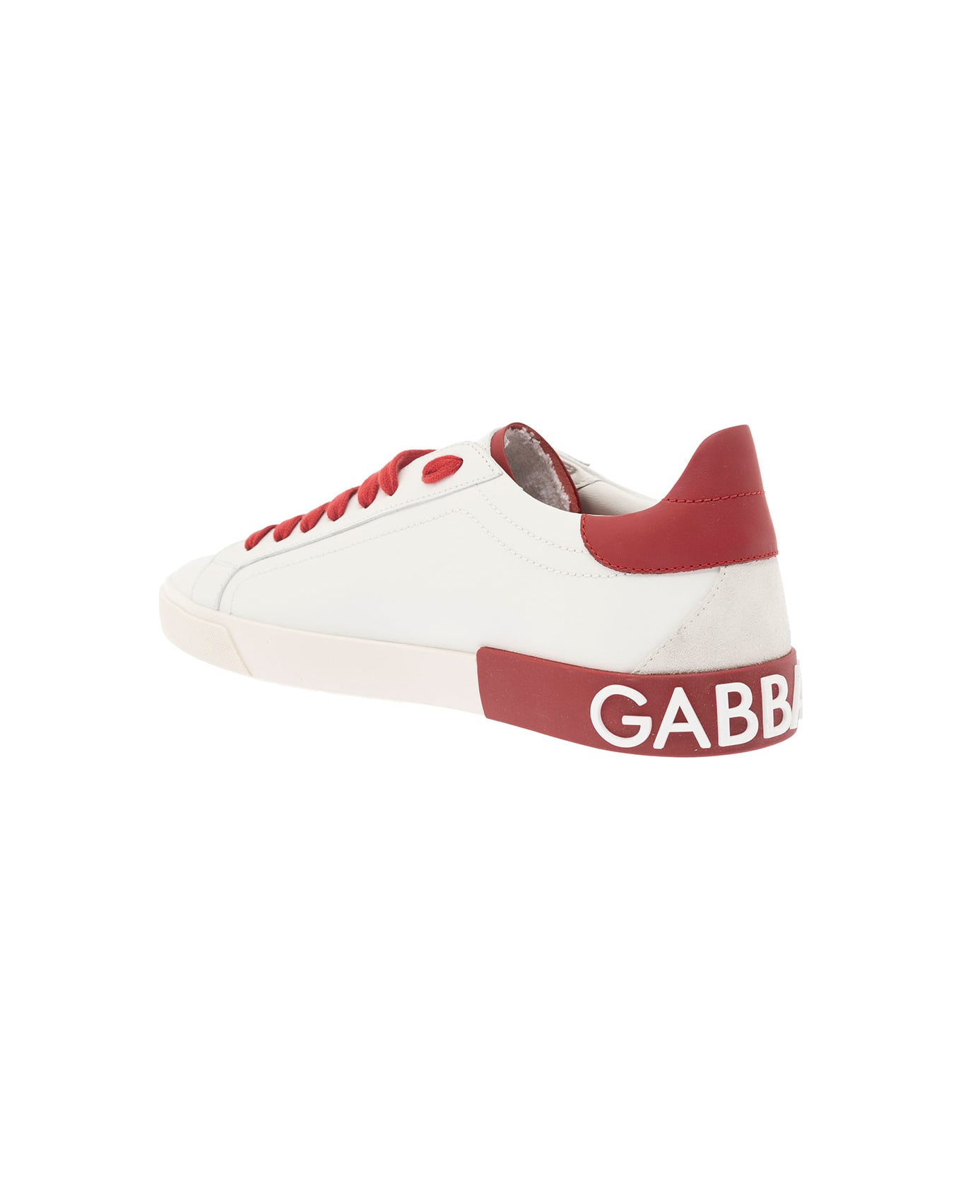 Dolce & Gabbana 'portofino' White And Red Low Top Sneakers With Logo Patch In Leather Man - White