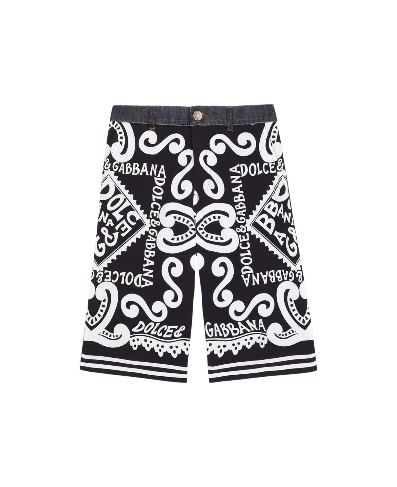 Dolce & Gabbana Denim And Javanese Bermuda Shorts With Marina Print - Blue