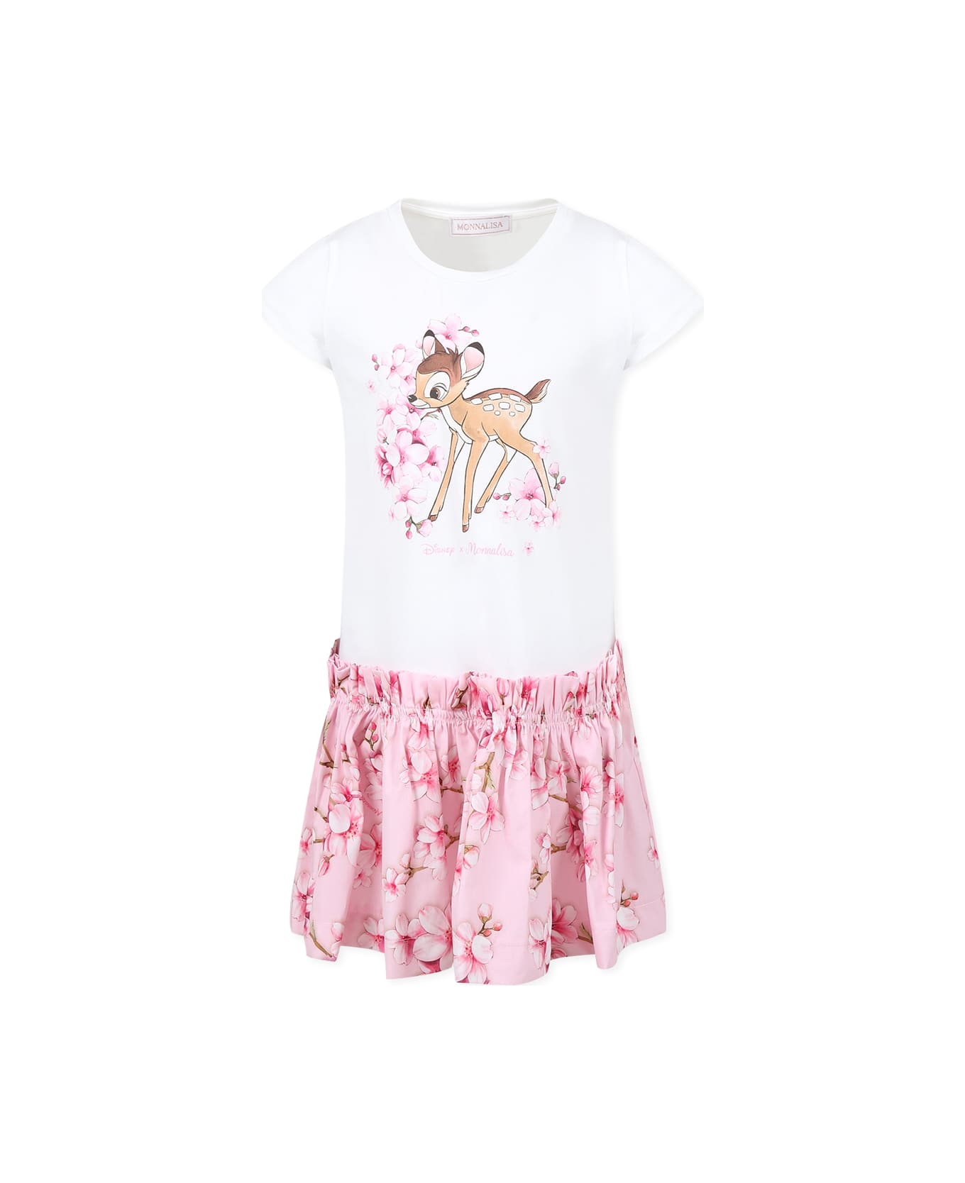 Monnalisa White Dress For Baby Girl With Bambi - Multicolor