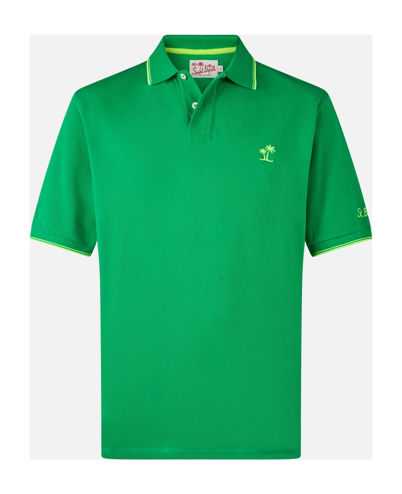 MC2 Saint Barth Man Green Cotton Piquet Polo Shirt Beverly Hills With Palm Embroidery - GREEN