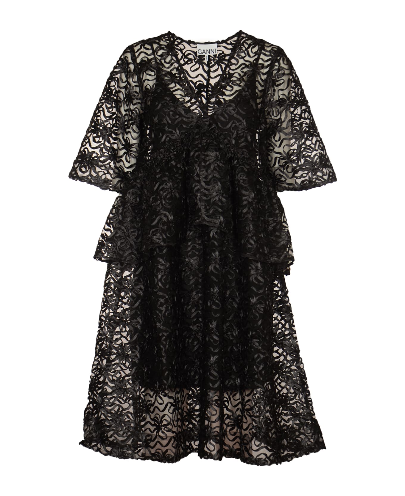 Ganni Ribbon Detail See-through Layered Dress - Nero