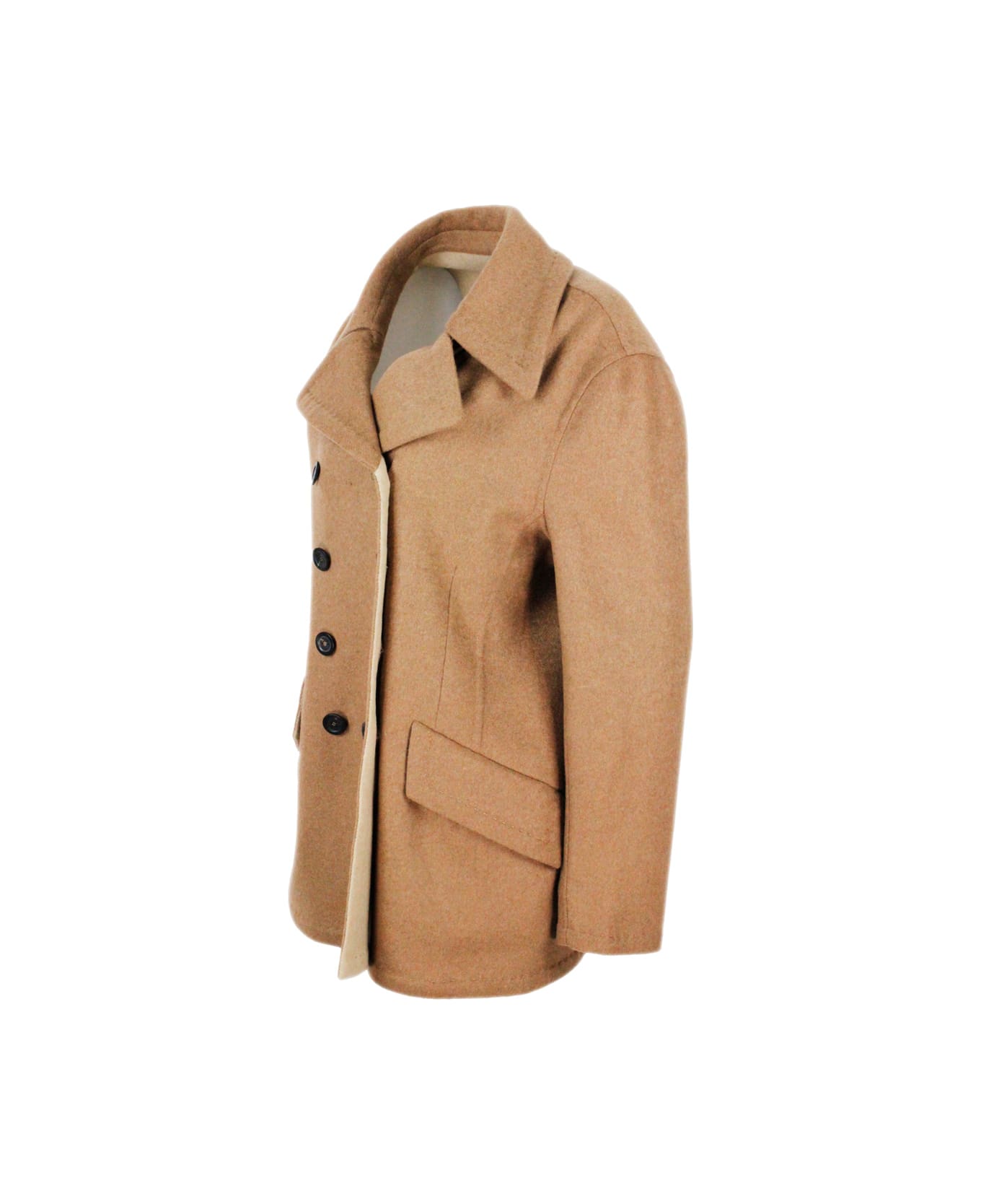 Malo Three-quarter Coat In Wool And Cashmere With Double-breasted Buttoning And Contrasting Tailored Seams.oversize Fit - Tobacco