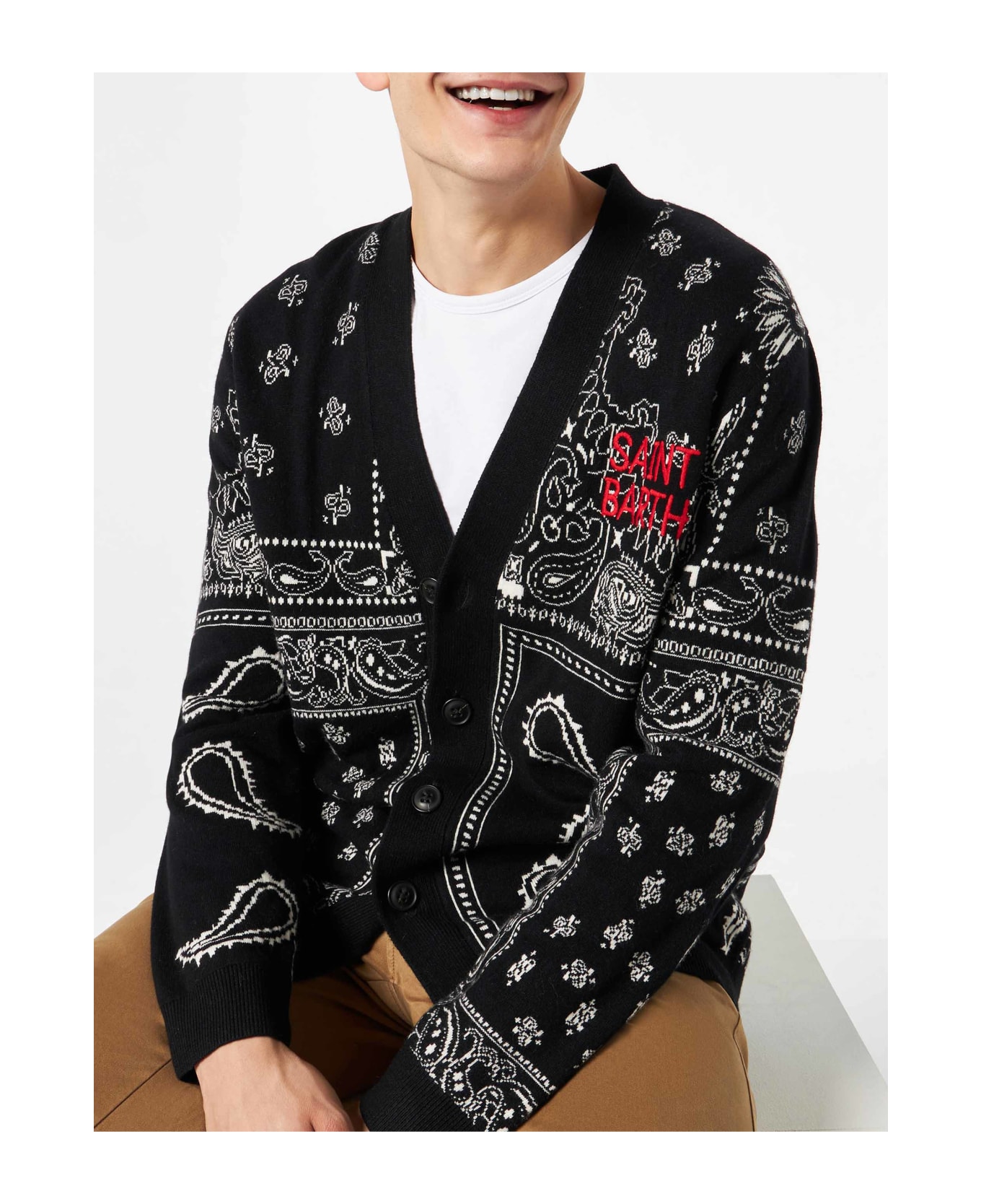 MC2 Saint Barth Bandanna Knitted Cardigan With Saint Barth Embroidery - BLACK