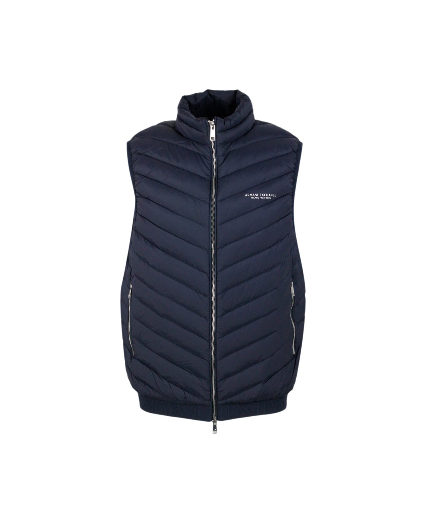 Armani Collezioni Sleeveless Gilet In Light Down With Logoed And Elasticated Bottom And Zip Closure - Blu