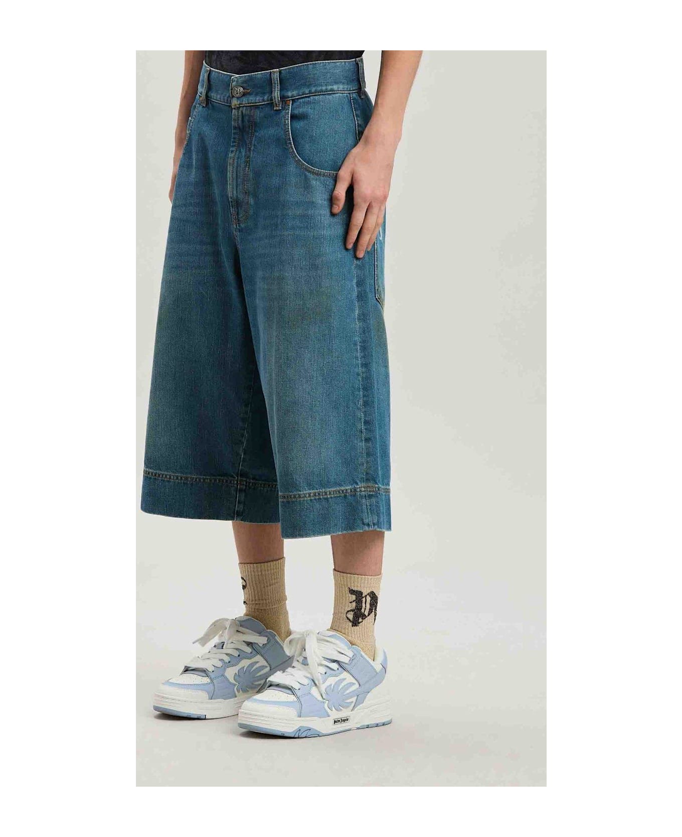 Palm Angels G Curved Denim Long Shorts