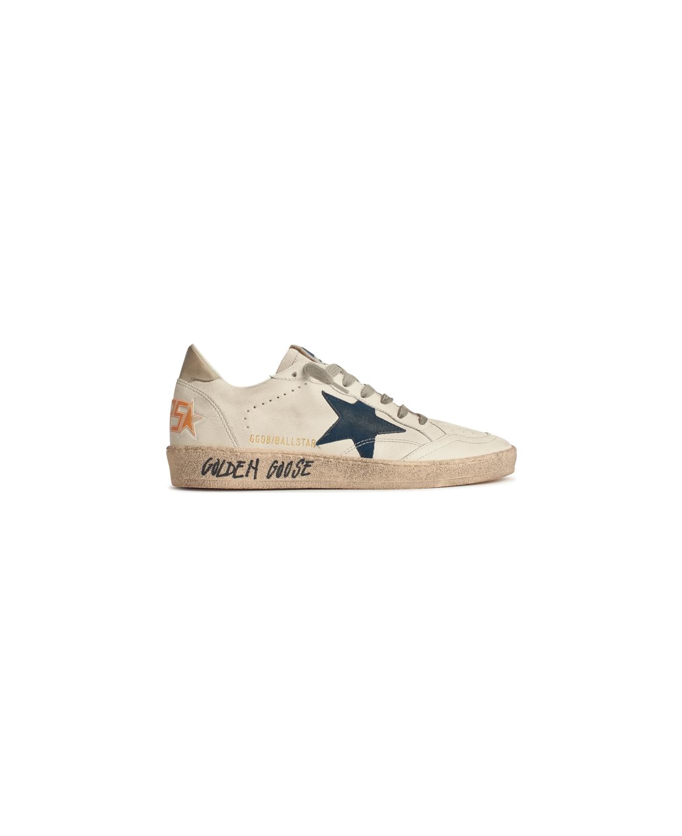 Golden Goose White Leather Ball-star With Blue Suede Star And Ivory Heel - White