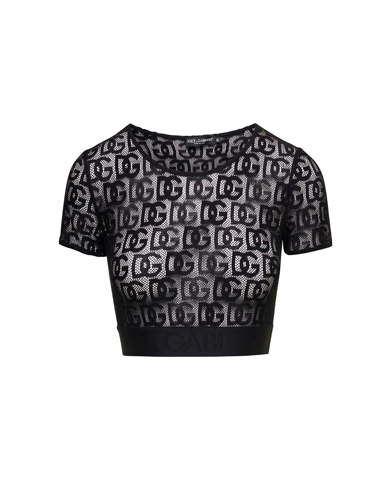 Dolce & Gabbana Black Crew Neck Cropped Top With Dg Logo All-over  In Cotton Blend Woman - Black