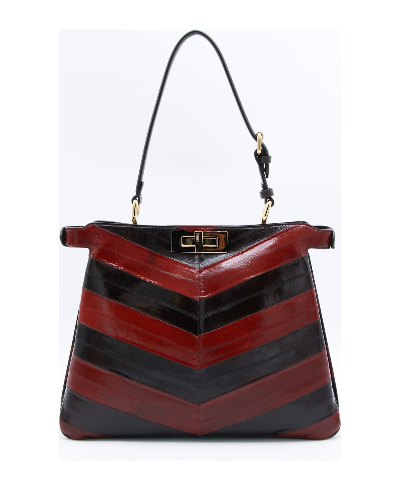 Fendi Brown And Red Leather Pekaboo Top Handle Bag - BROWN/WINE
