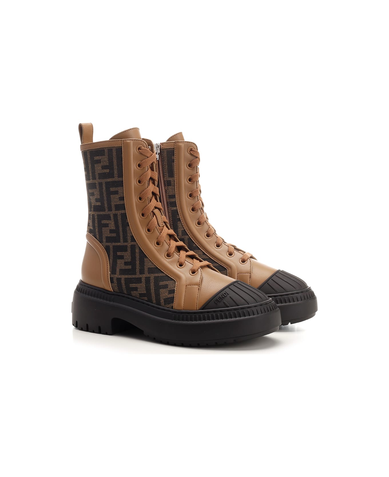 Fendi Domino Leather And Ff Fabric Ankle Boots - Beige ブーツ