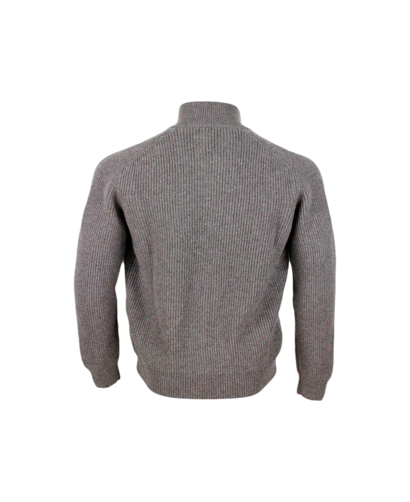 Barba Napoli Long-sleeved Full-zip Sweater In Soft And Fine Cashmere With Half English Rib Knit - Brown