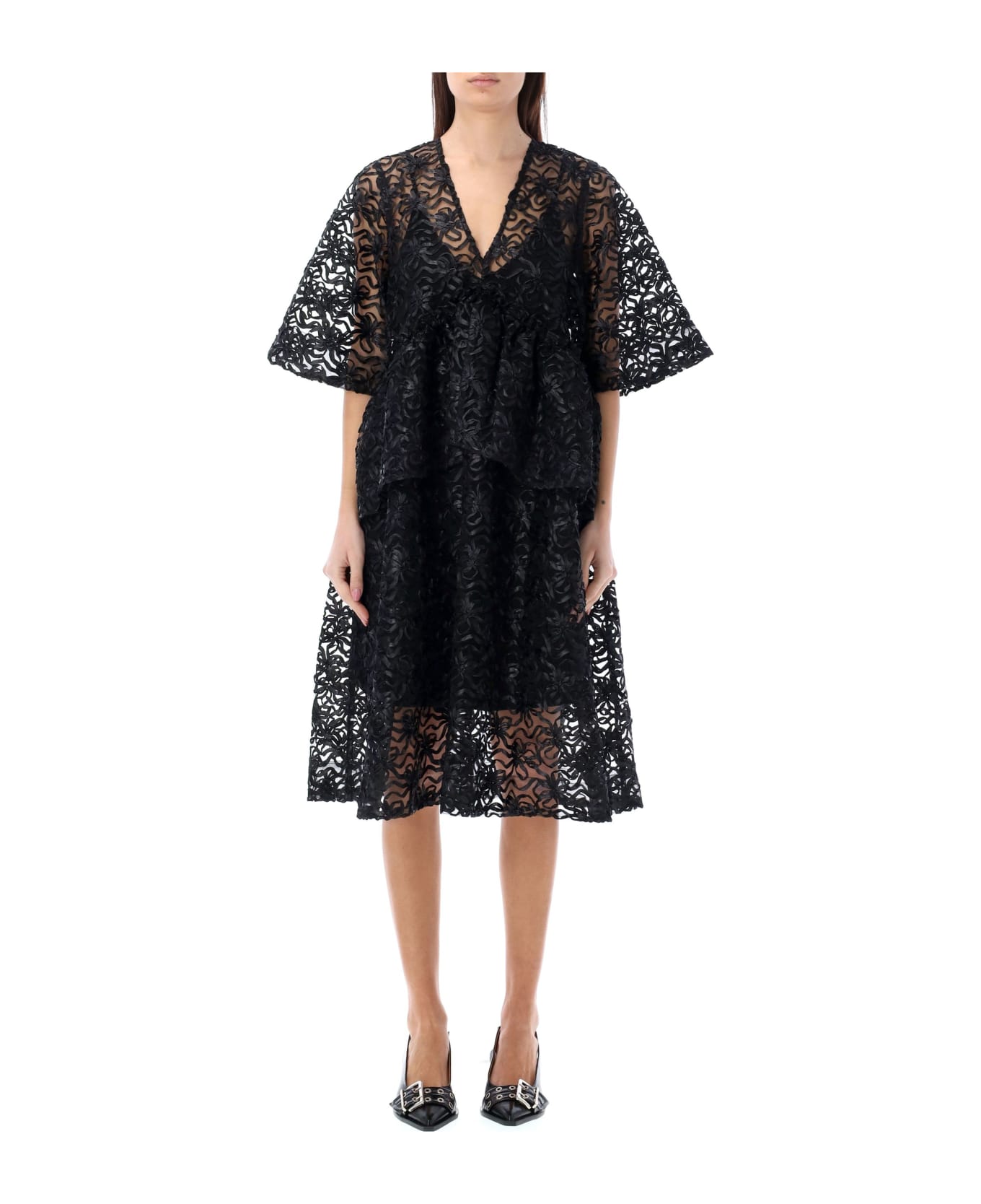 Ganni Ribbon Tulle Flounce Midi Dress - BLACK