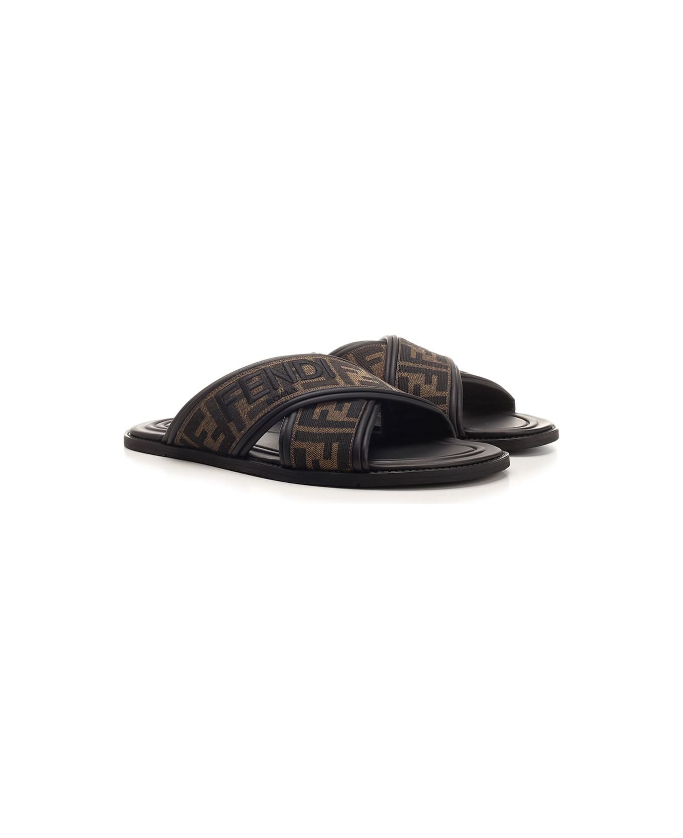 Fendi Slide In Ff Jacquard Fabric - Brown