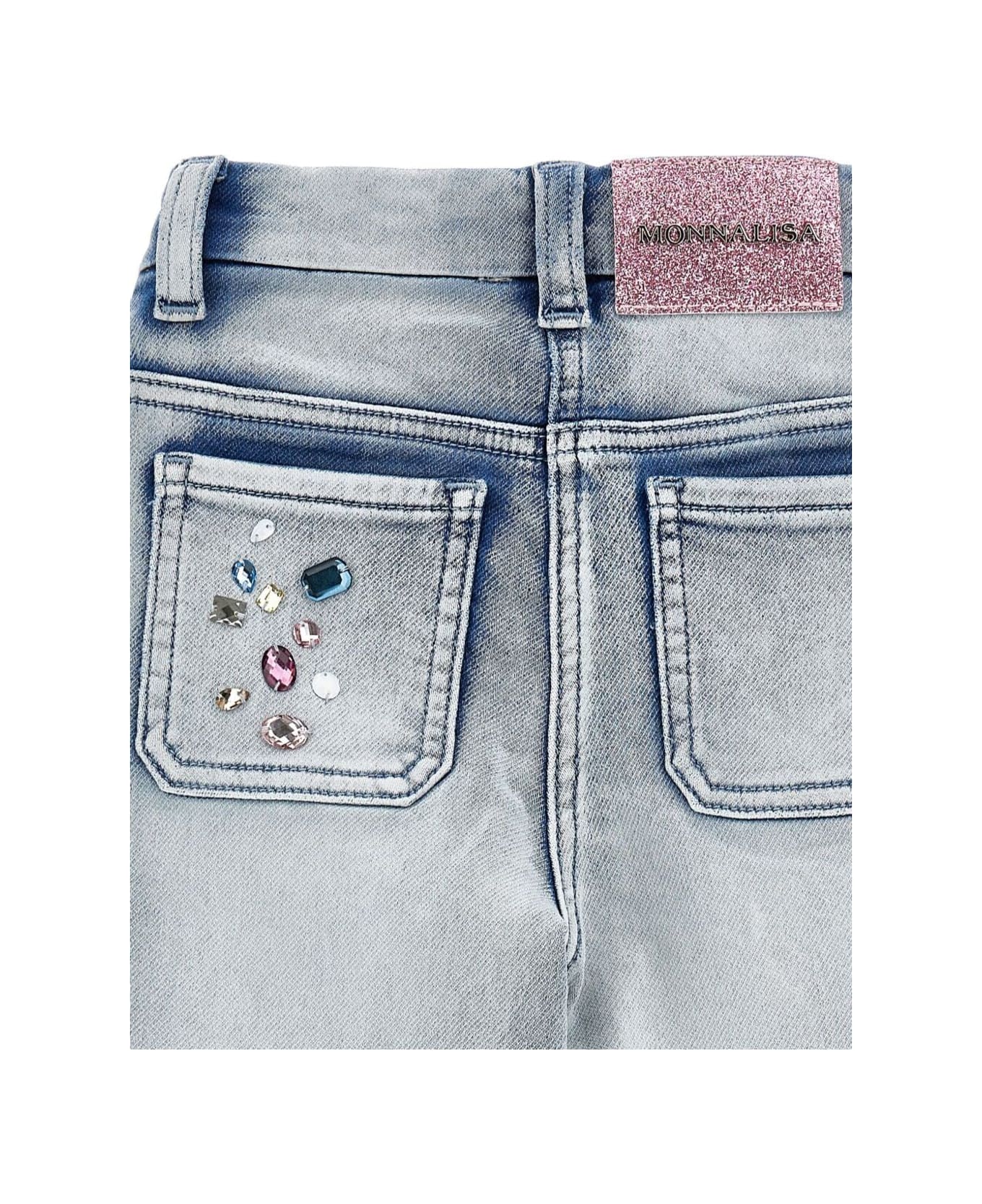 Monnalisa Grey Jeans With Crystal Appliques And Logo Patch On The Back In Cotton Baby - Grey