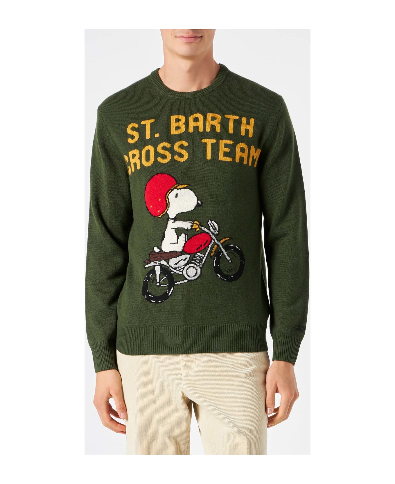 MC2 Saint Barth Man Military Green Sweater With Snoopy Print | Peanuts Special Edition
