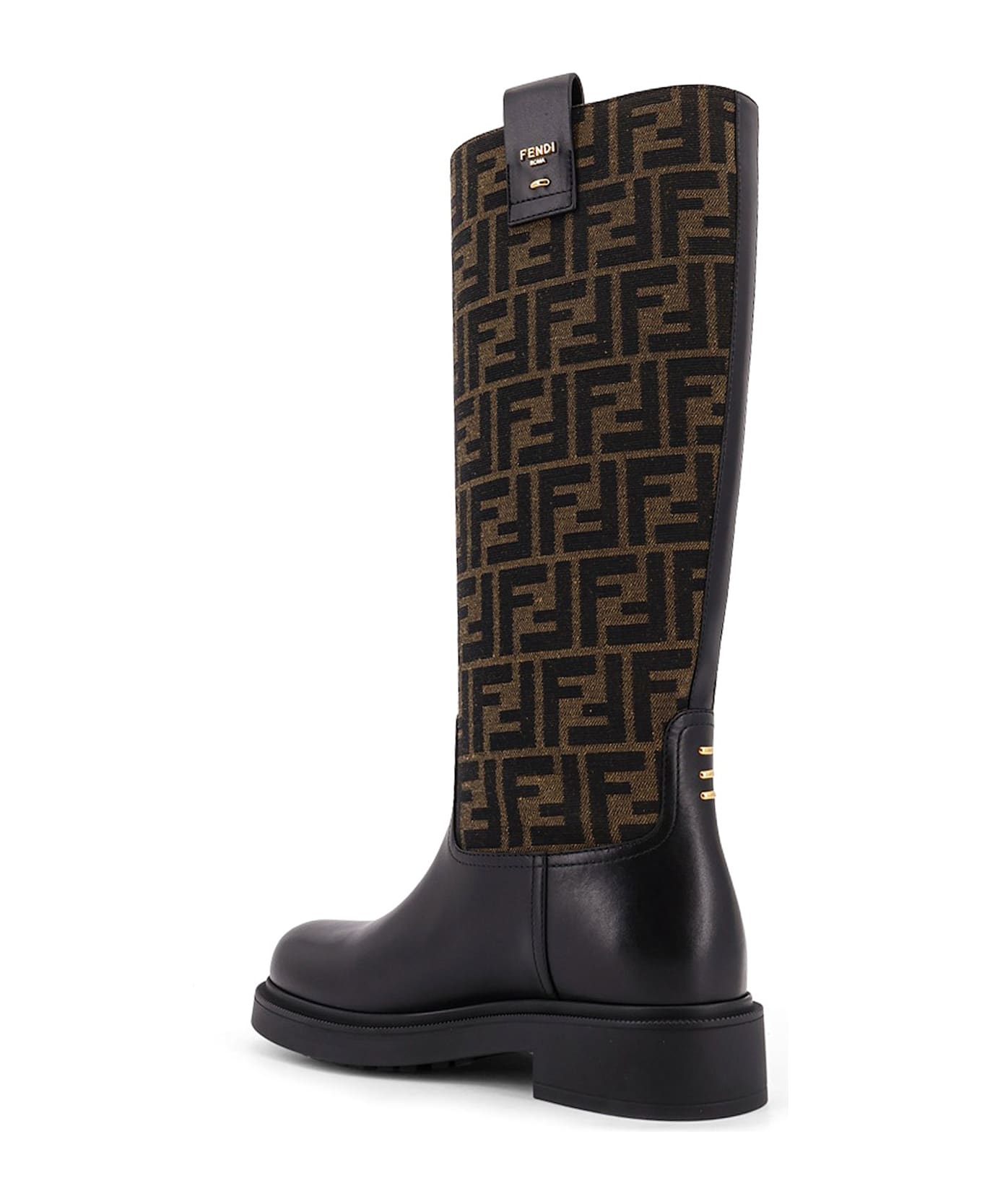Fendi Filo Leather And Ff Jacquard Fabric Boots - NERO+TABACCO NERO