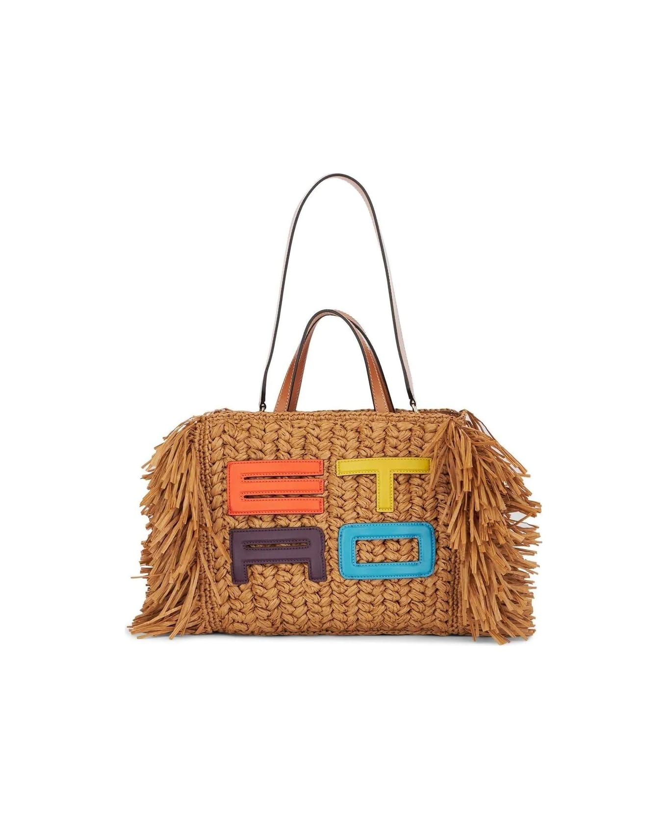 Etro Medium Shopping Bag In Raffia With Logo And Fringes - Marrone