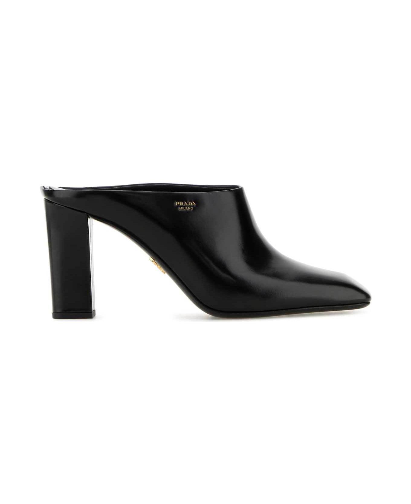 Prada Black Leather Mules - NERO