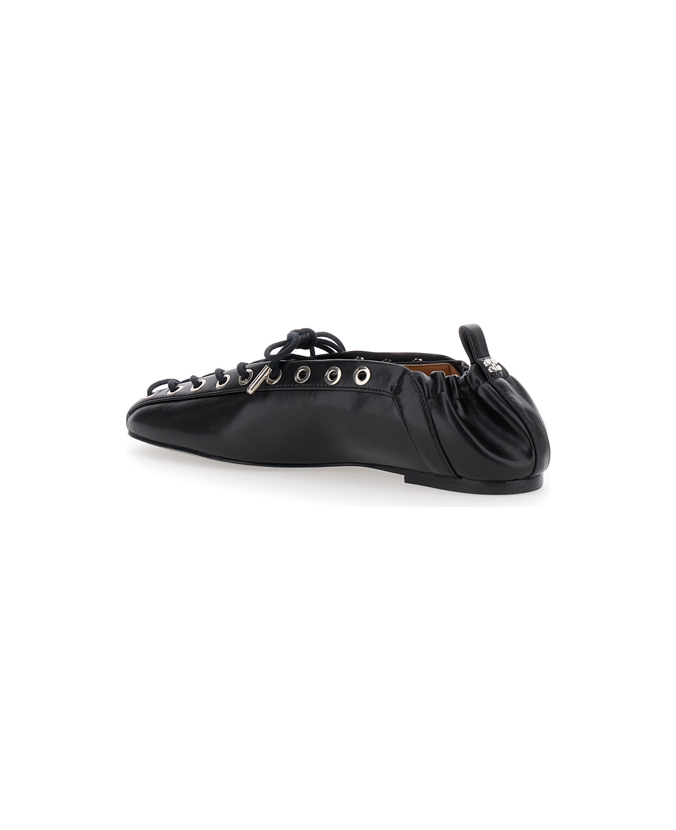 Ganni Black Lace-up Ballerinas With Metal Eyelets And Elasticized Ankle In Eco-leather Woman - Black