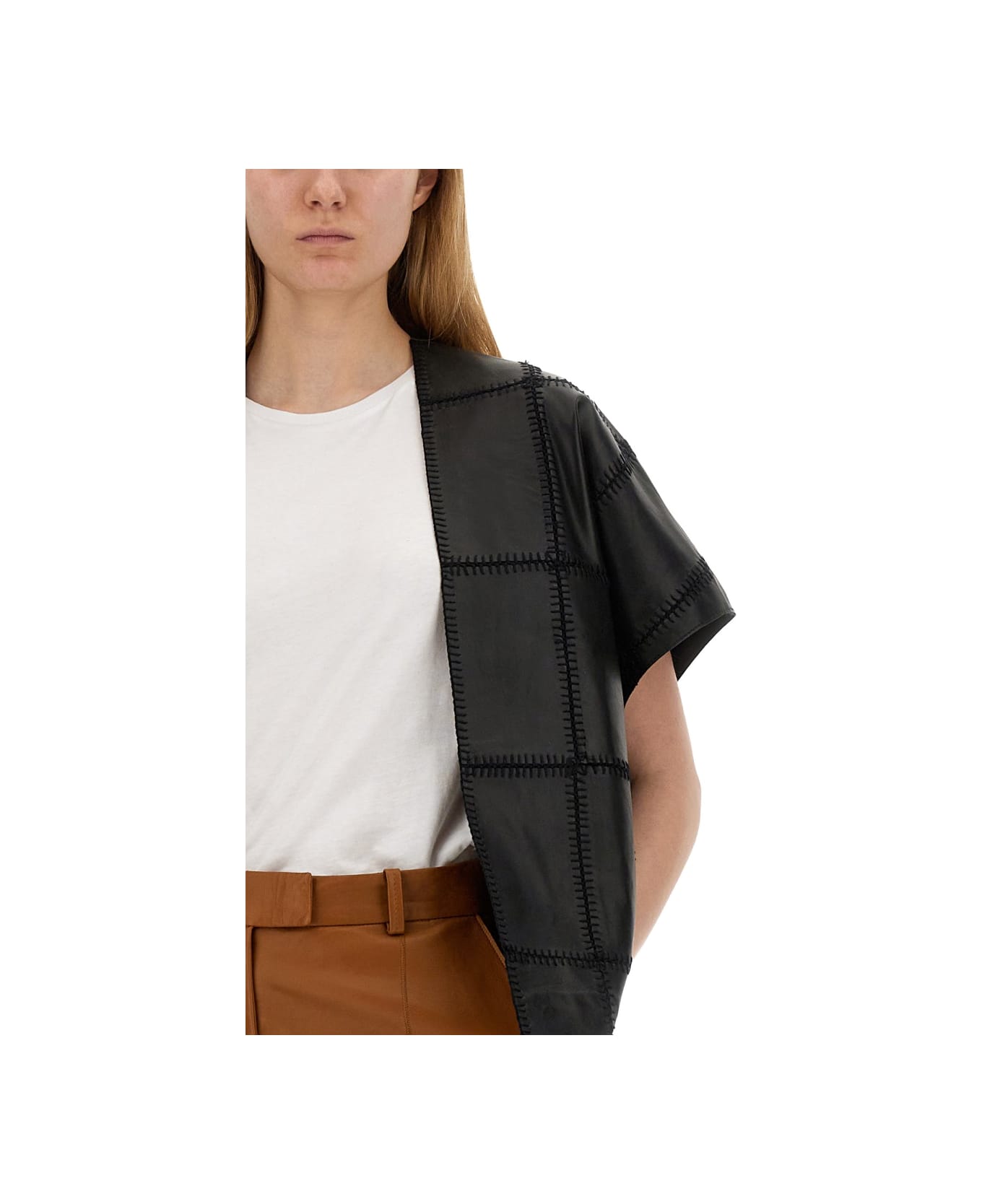 Alysi Crochet Leather Vest - BLACK