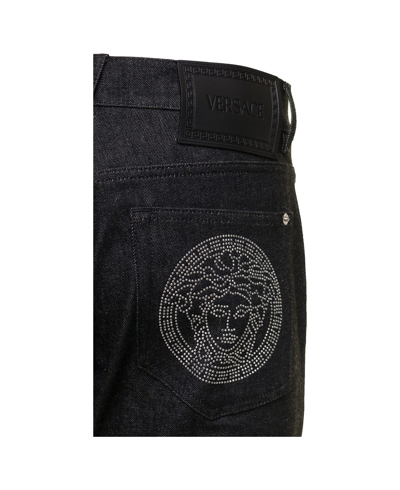 Versace Black Straight Jeans With Studded Medusa In Stretch Cotton Denim Man - Black