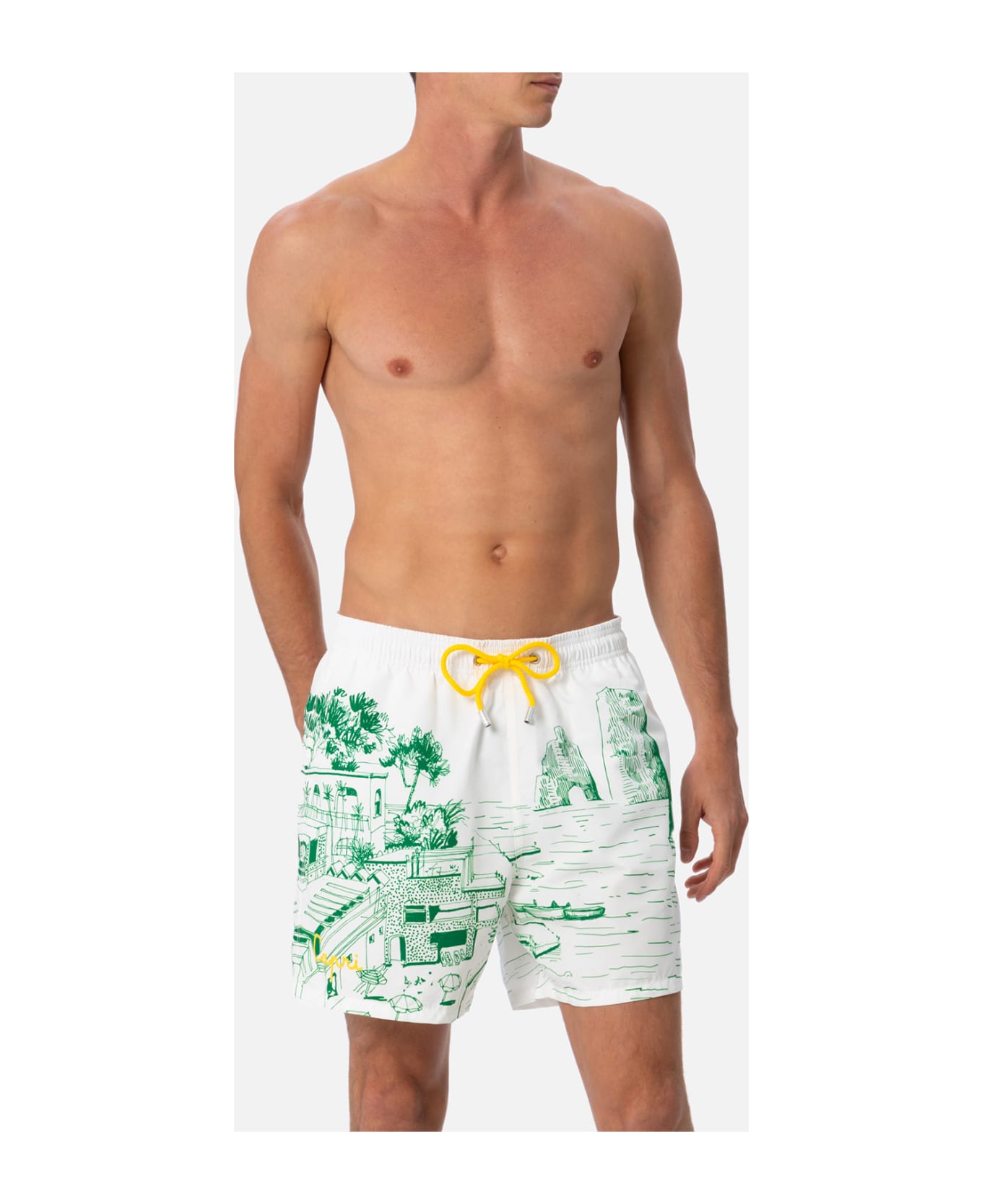 MC2 Saint Barth Man Mid-length Gustavia Swim-shorts With Capri Placed Print - WHITE