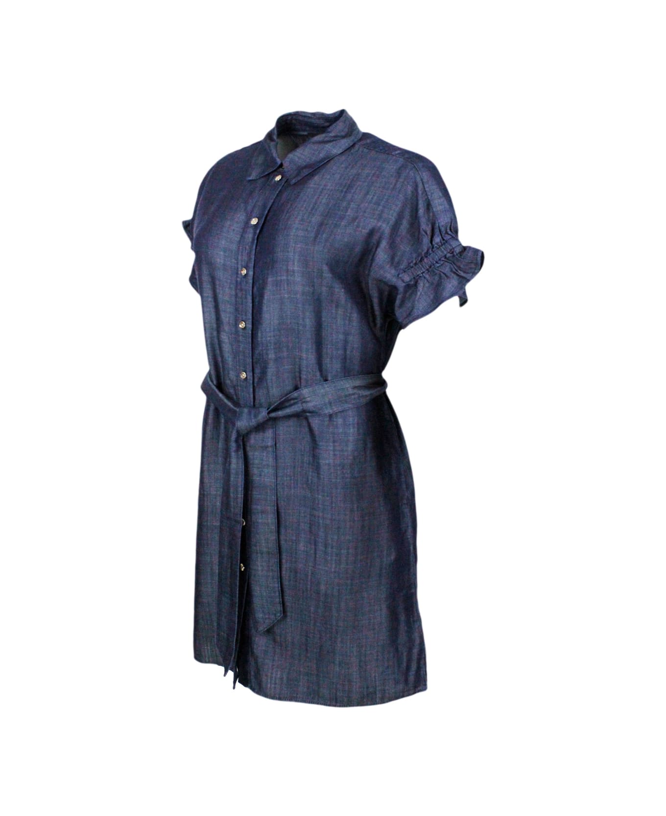 Armani Collezioni Lightweight Denim Dress With Gathered Sleeves With Button Closure And Belt Supplied - Denim Dark
