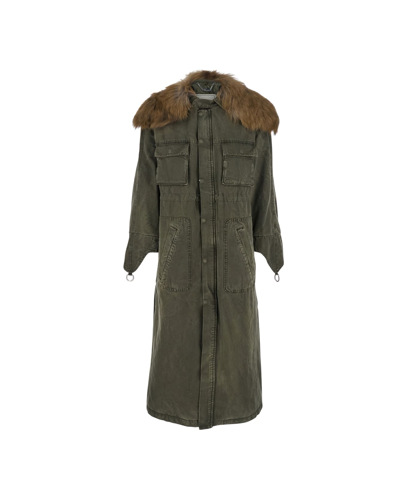 Blumarine Green Long Coat With Removable Fur Detail In Cotton Woman - Green
