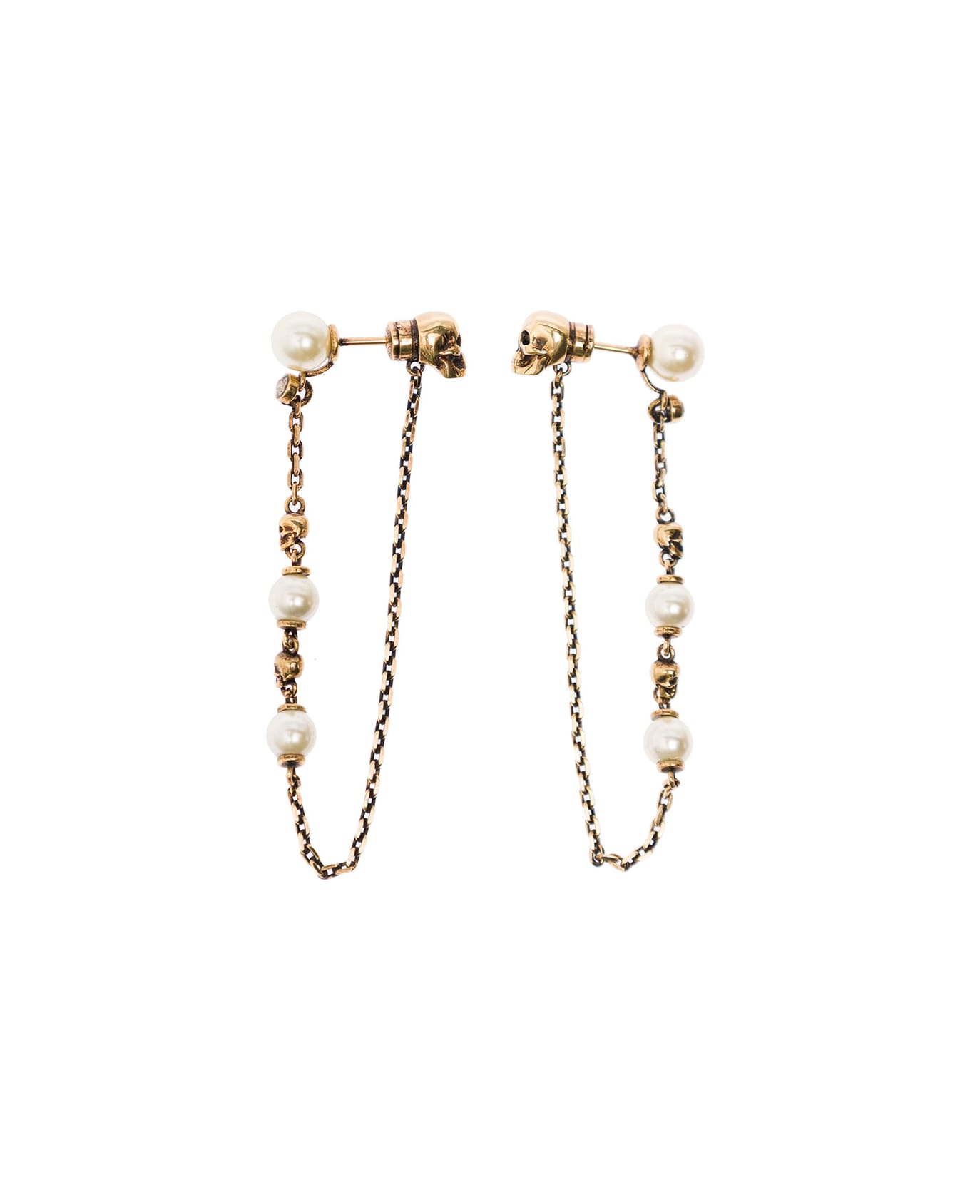 Alexander McQueen Antique Gold-finished Drop Chain Earring With Skulls And Pearls In Brass Woman Alexander Mcqueen - Metallic