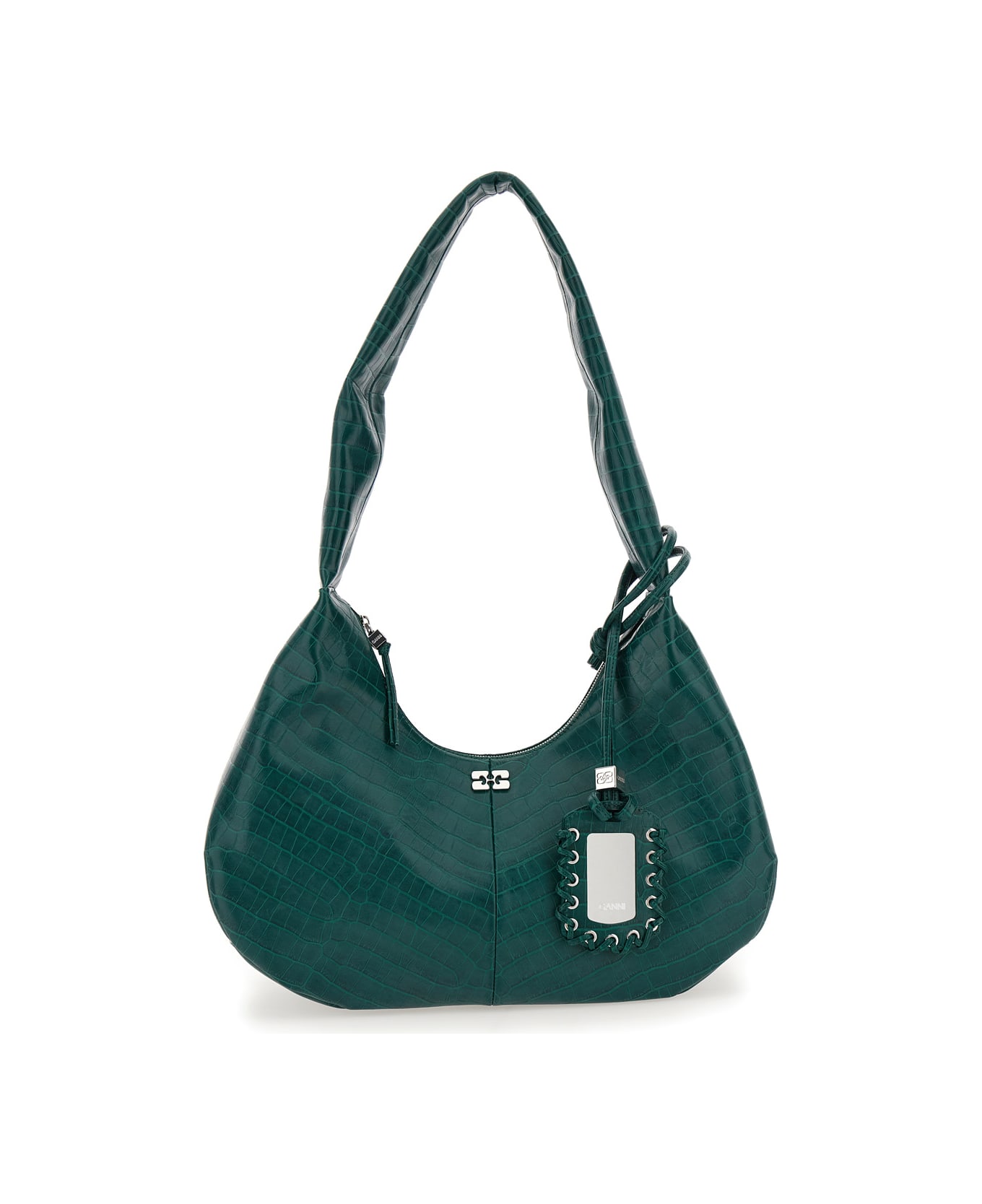Ganni 
medium Bou
 Green Shoulder Bag With Crocodile Leather Effect And Logo Plaque In Leather Woman - Green