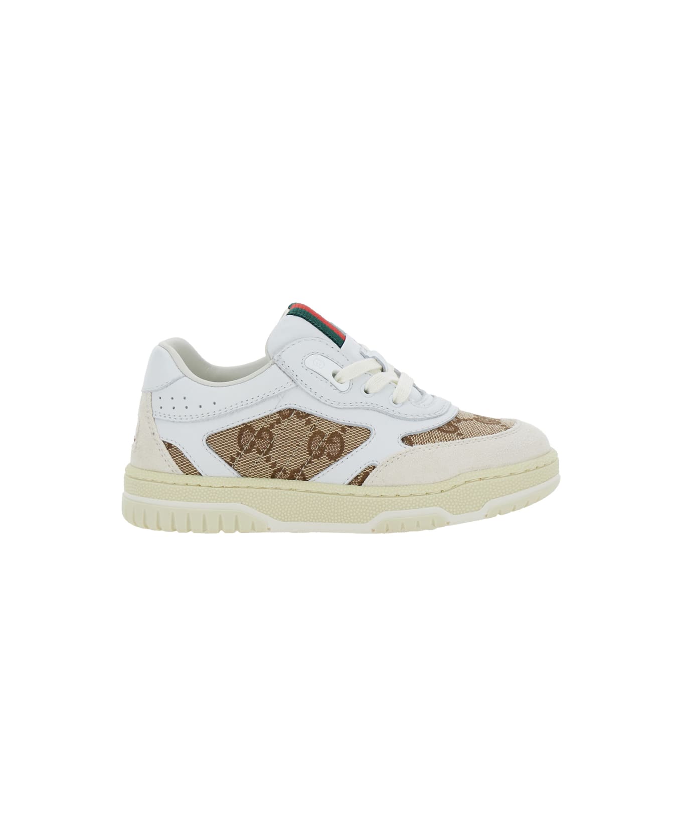 Gucci Sneaker With Gg Motif And Web Detail In Leather Boy - White