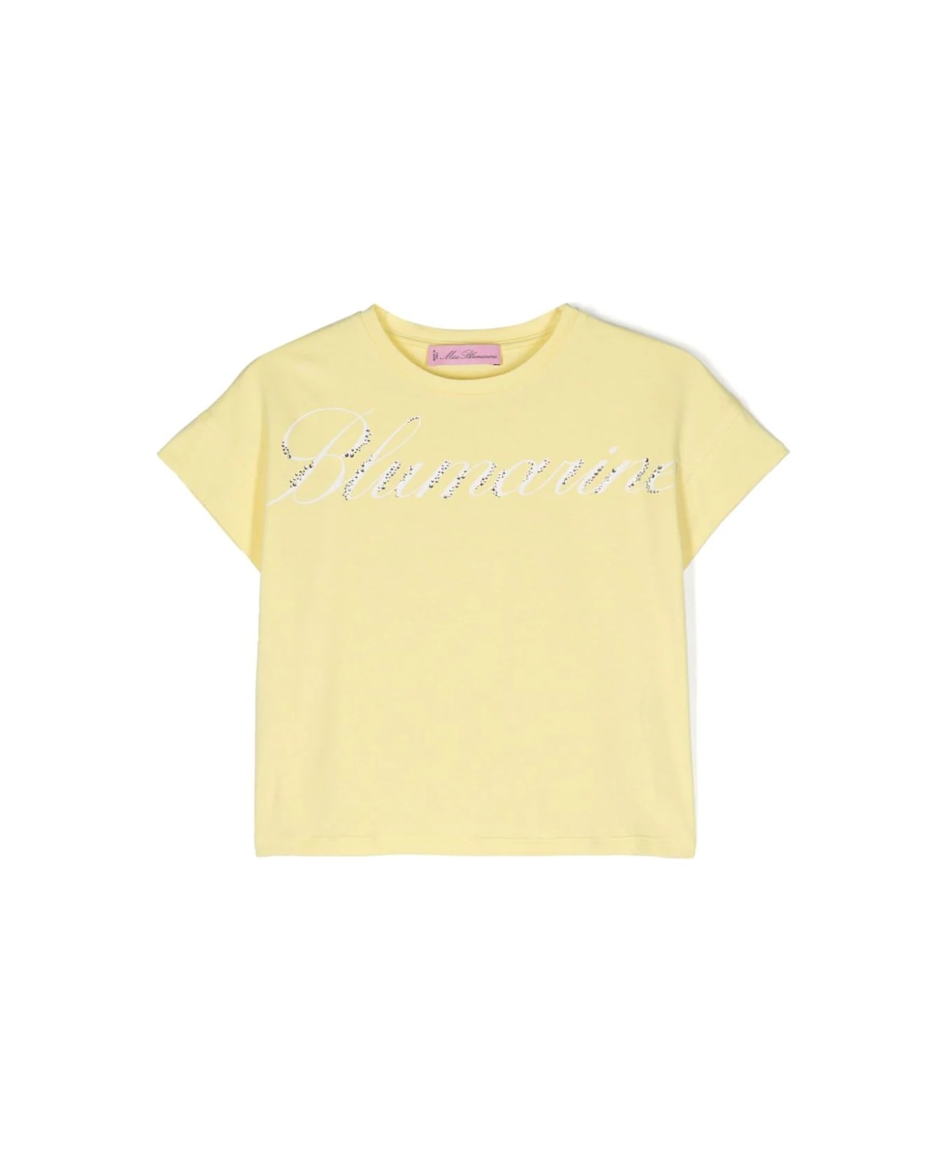 Miss Blumarine Pastel Yellow T-shirt With Logo Print With Rhinestones - Yellow