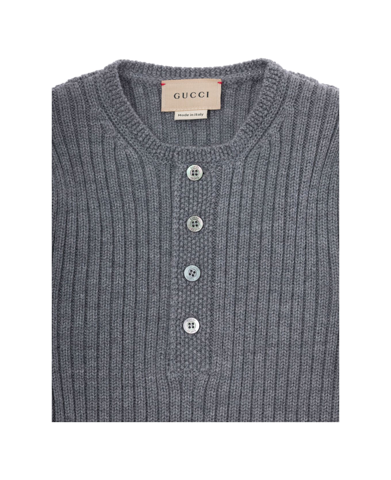 Gucci Grey Sweater With Web Detail In Ribbed Wool Boy - Grey