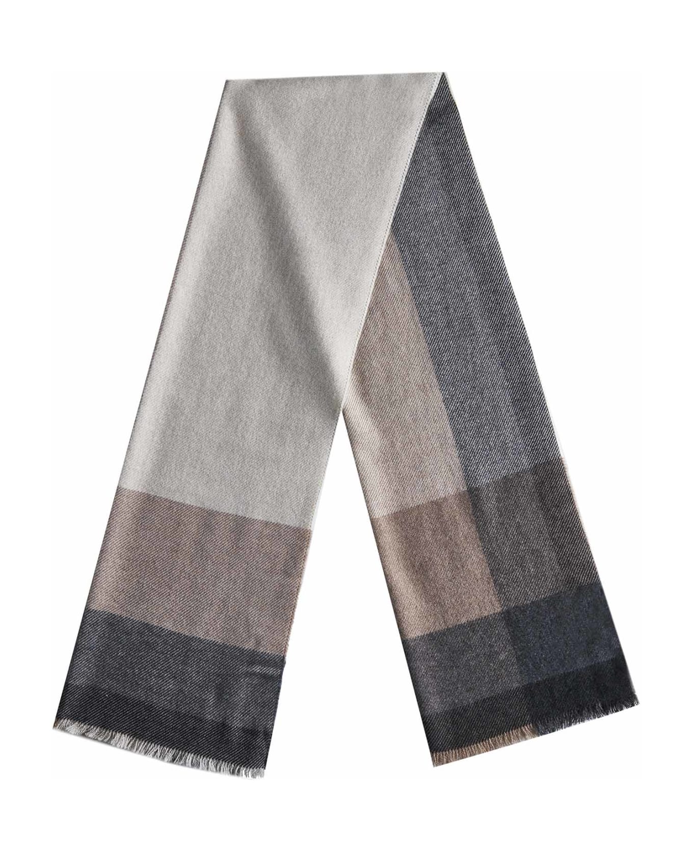 Brunello Cucinelli Wool And Cashmere Scarf With Check Motif - Grey Brown Anthracite Grey
