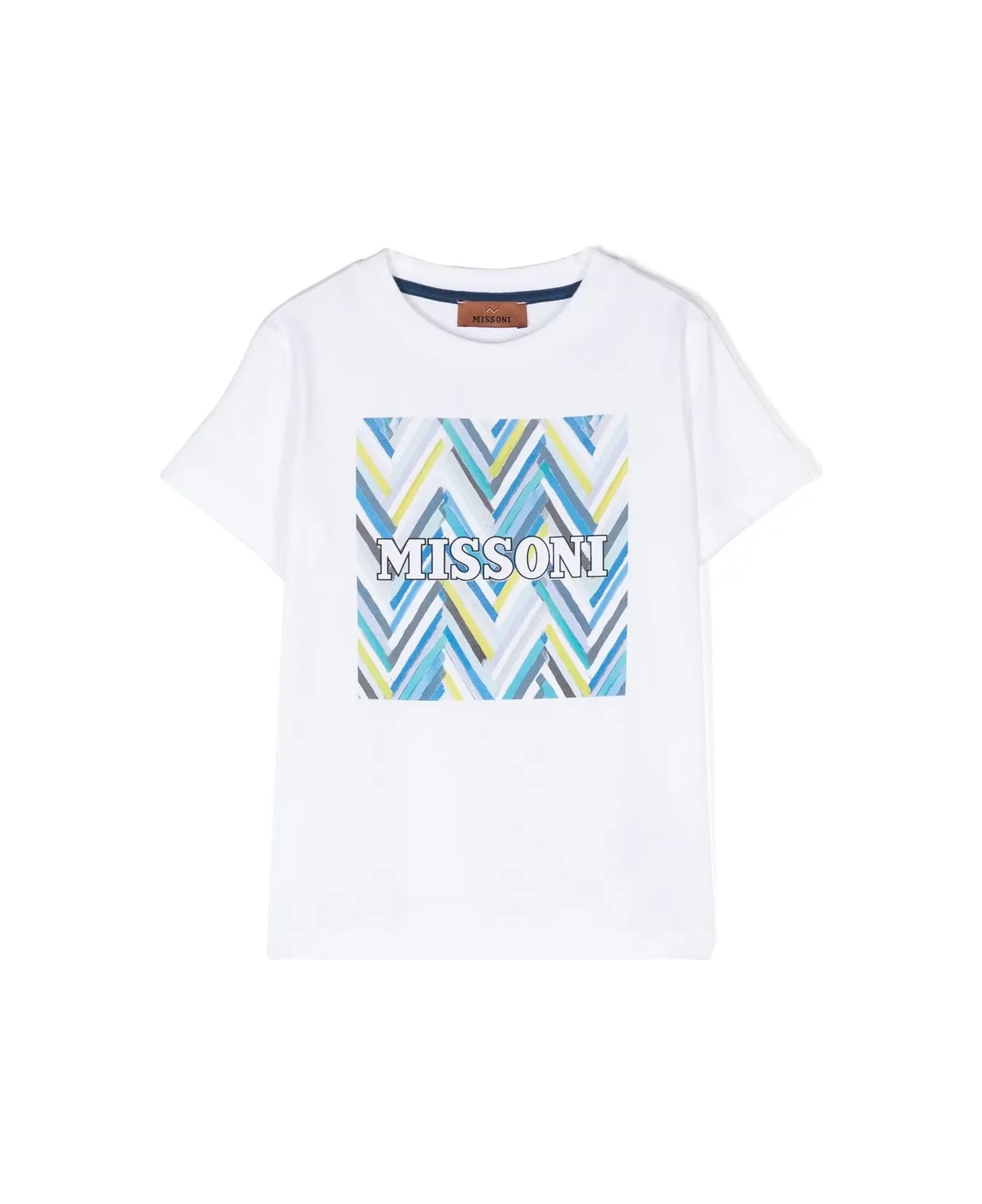Missoni Kids White T-shirt With Blue Chevron Print - Blue