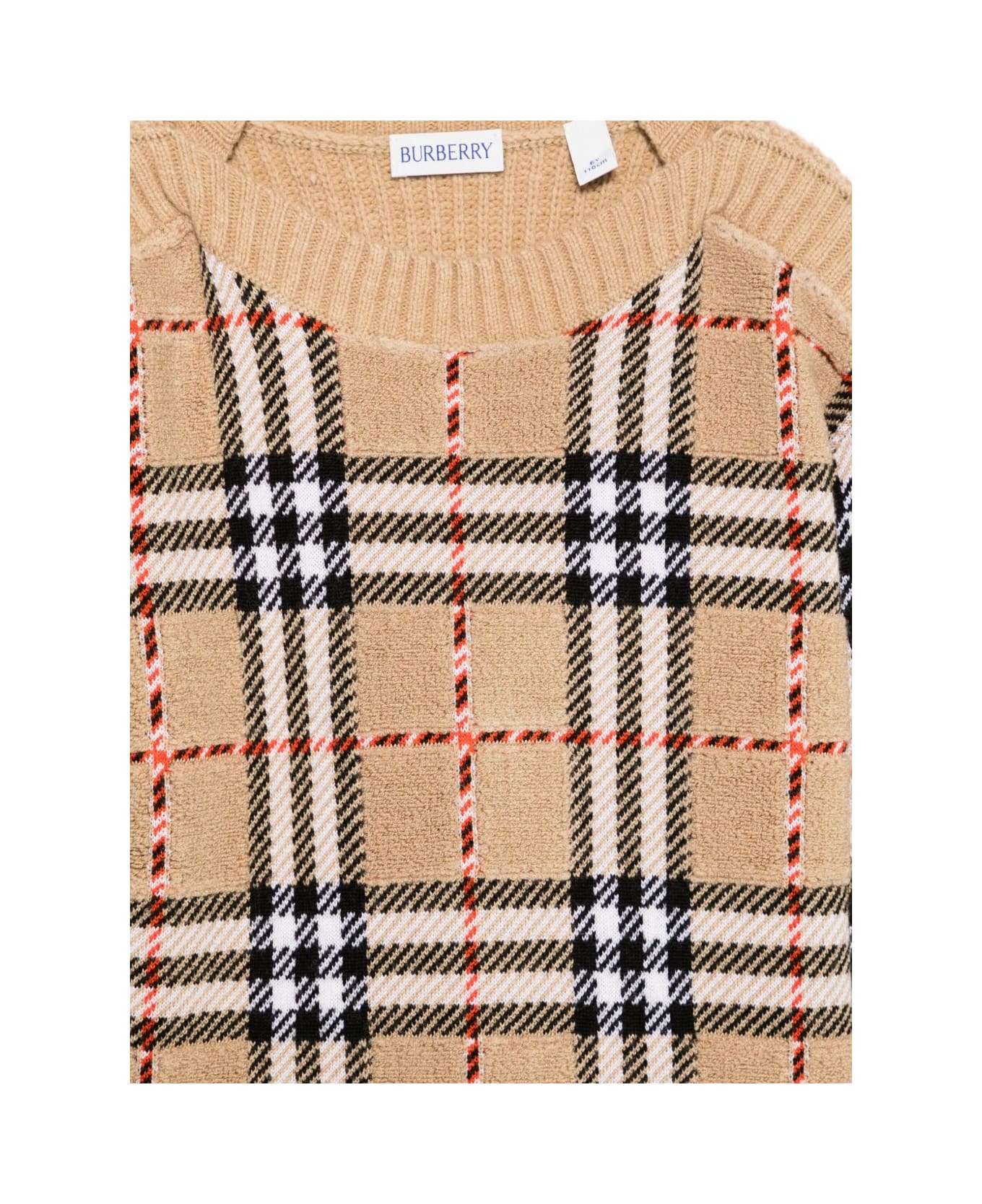 Burberry Kids Beige Signature Check Pattern Long Sleeves Crew Neck Wool Knitted - Beige